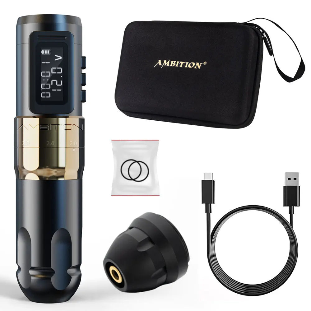 Máquina de tatuaje inalámbrica profesional Ambition MARS-U con pluma y trazo ajustable, cartucho de 2-4 mm, motor sin núcleo de 1800 mAh, para artistas del tatuaje