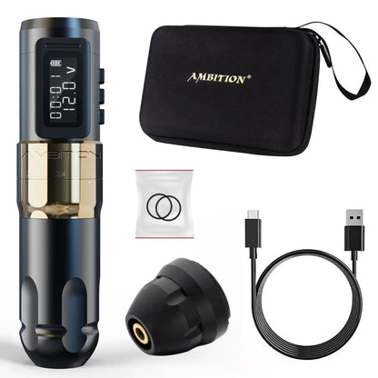 Máquina de tatuaje inalámbrica profesional Ambition MARS-U con pluma y trazo ajustable, cartucho de 2-4 mm, motor sin núcleo de 1800 mAh, para artistas del tatuaje