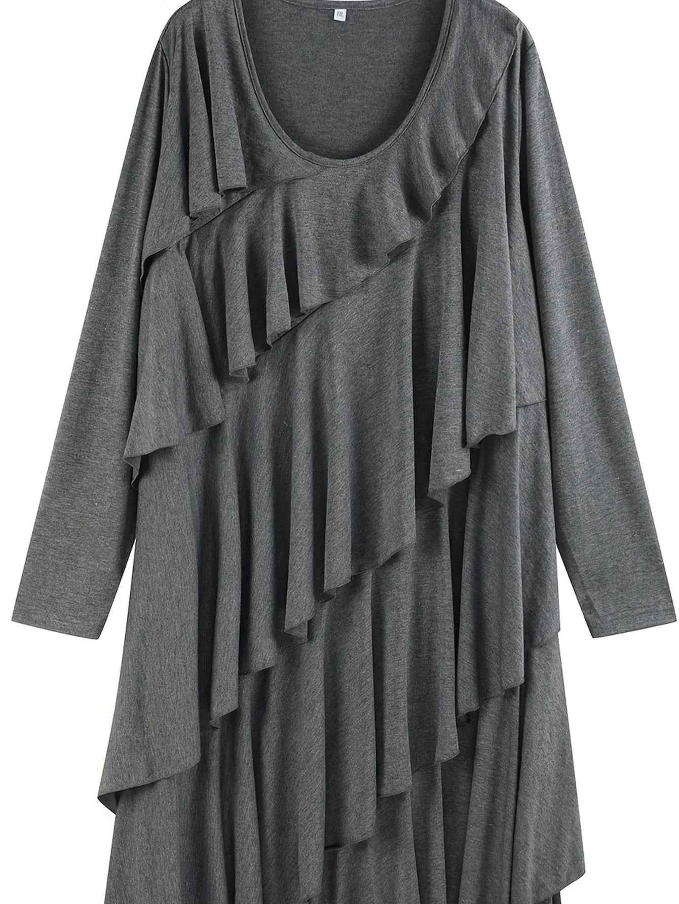 Vestido de talla grande con ribete de volantes, vestido informal de manga larga con cuello redondo, ropa de talla grande para mujer