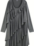 Vestido de talla grande con ribete de volantes, vestido informal de manga larga con cuello redondo, ropa de talla grande para mujer