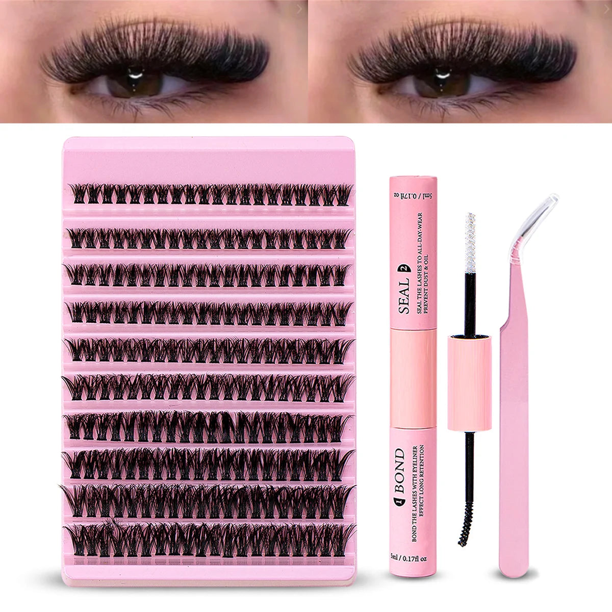 Kit de extensão de cílios diy, 200 peças, cluster de cílios individuais 40d60d 8-16mm, mix de clusters de cílios, ligação e vedação e aplicador de cílios