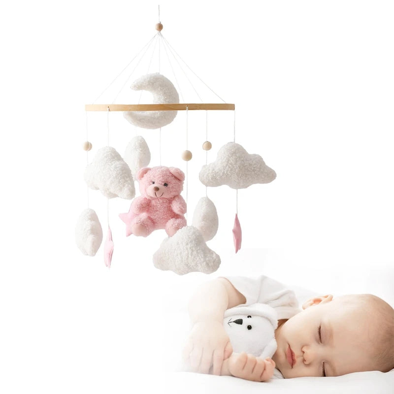 Baby Crib Mobile Rattle Toy Wooden Bed Bell Mobile Hanging Teddy Velvet Bear Doll Toy Newborn Music Box Crib Mobile Bracket Gift