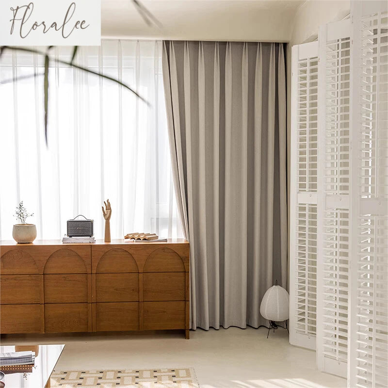 Herringbone Chenille Beige Thickened Blackout Curtains for Living Room Dining Room Bedroom Solid Color Luxury Curtains Custom