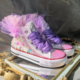 Dollbling Shell Simulation Canvas Shoes, DIY Bling Handmade Shoes, Mermaid Theme, Kids High Top Pearls Sneakers, Under the Sea 