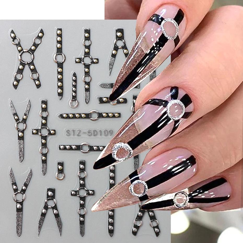 Cinturón negro 5D pegatinas en relieve gótico Halloween estilete calabaza calavera telaraña cremallera manicura uñas gel autoadhesivo decoración
