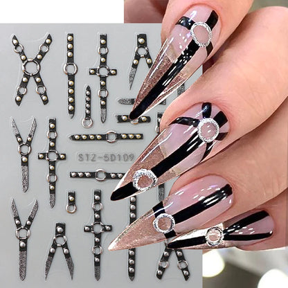 Cinturón negro 5D pegatinas en relieve gótico Halloween estilete calabaza calavera telaraña cremallera manicura uñas gel autoadhesivo decoración