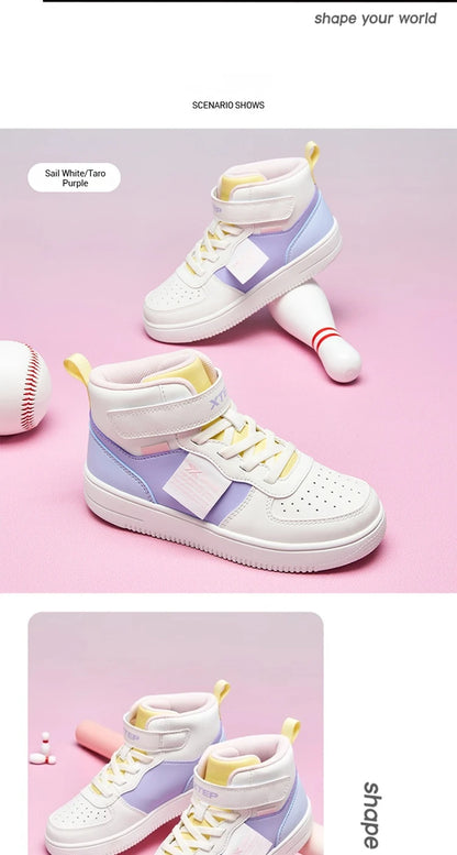 Xtep Kid's Skateboarding Shoes 2025 Spring Unisex Leather Fashion Casual Running Comfortable High-top Sneakers 676316319305