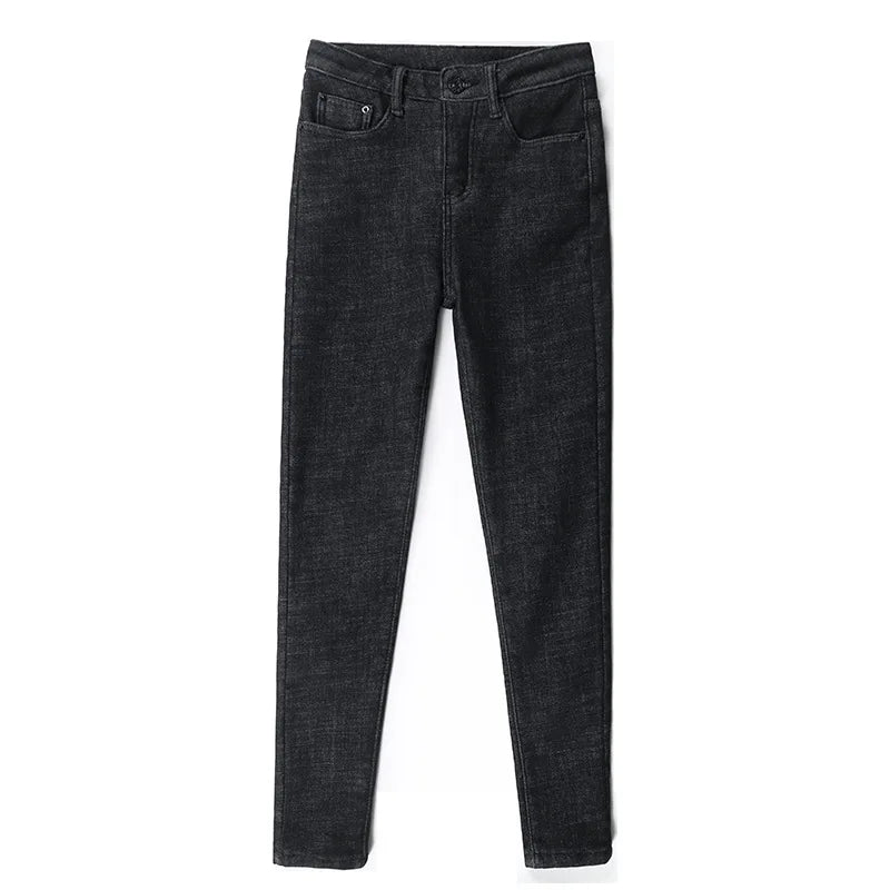 2023 Mujeres Jeans Térmicos Invierno Nieve Cálido Felpa Elástico Jeans Señora Skinny Espesar Polar Denim Pantalones Largos Retro Lápiz Pantalones