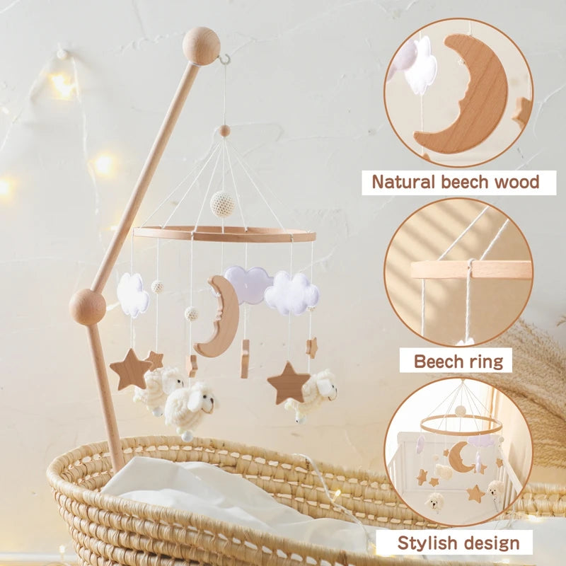 Crib Mobile Bed Bell Wooden Baby Rattles Soft Felt Cartoon Animal Bed Bell Newborn Music Box Hanging Toy Crib Bracket Baby Gifts