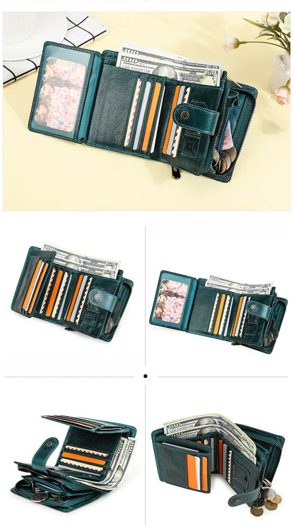ONTACT'S Genuine Leather Short Wallets for Men RFID Vintage Coin Purse Card Holder Male Money Clip Women‘s Wallet Bag HandbagC