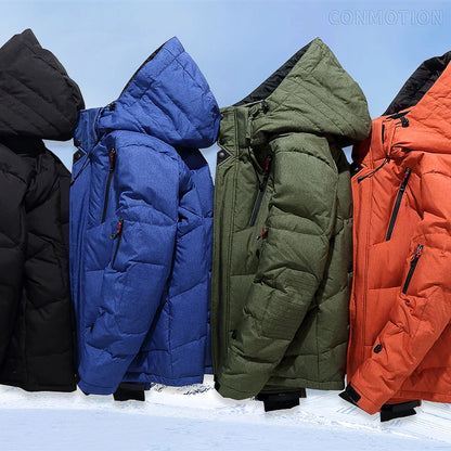 Chaqueta de plumón para hombre, abrigo de invierno de pato blanco, parka cálida y resistente al viento, para viajes y acampadas, nueva, gruesa, de color sólido, con capucha.