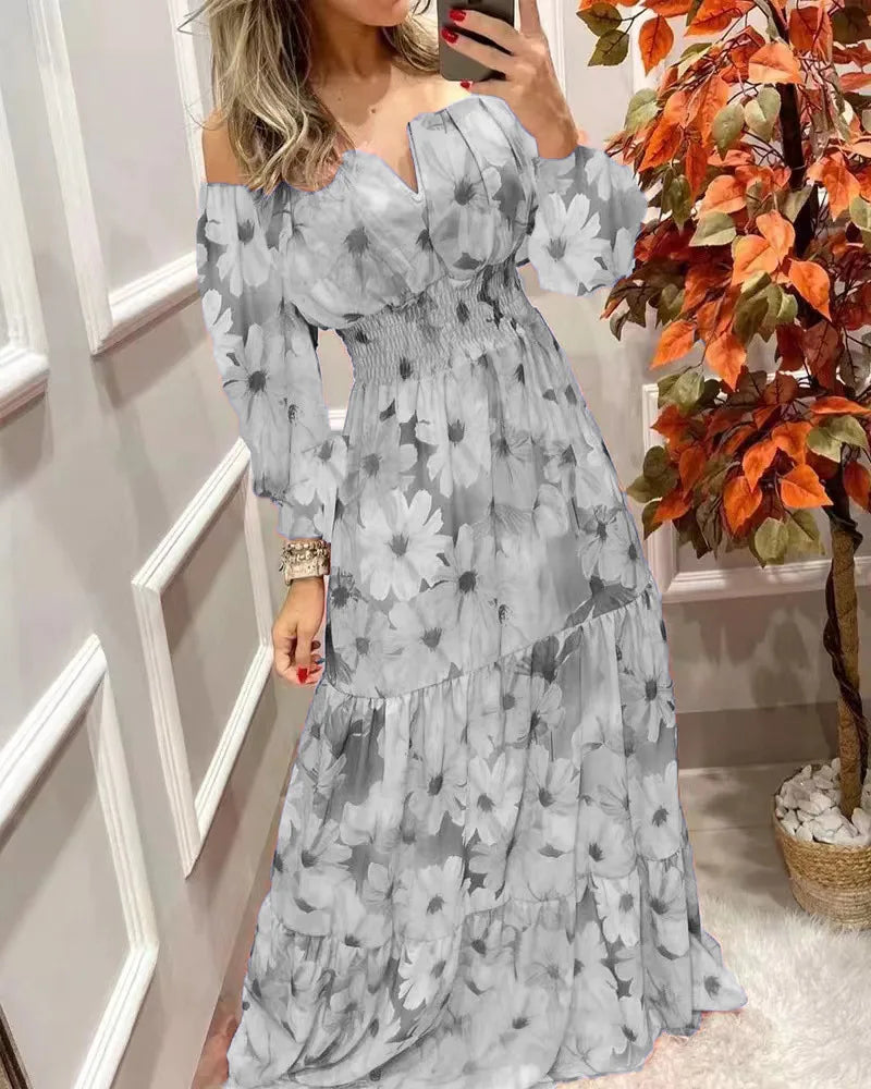 Women's Dresses 2022 Summer Vintage Print Off The Shoulder Casual V Neck Long Sleeved Waist Slim Maxi Dress