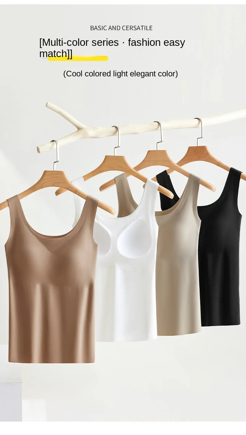 2 piezas/lote de camiseta sin mangas de seda sin costuras con almohadilla fija en el pecho para mujer, camisola sin mangas, ropa interior exterior, camisola de verano de alta elasticidad