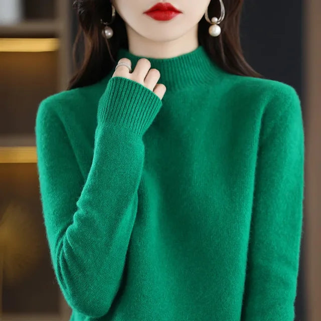 Autumn Winter Women Sweater Korean Fashion Warm Bottoming Shirts Half Turtleneck Basic Knitwear Solid Long Sleeve Pullovers 