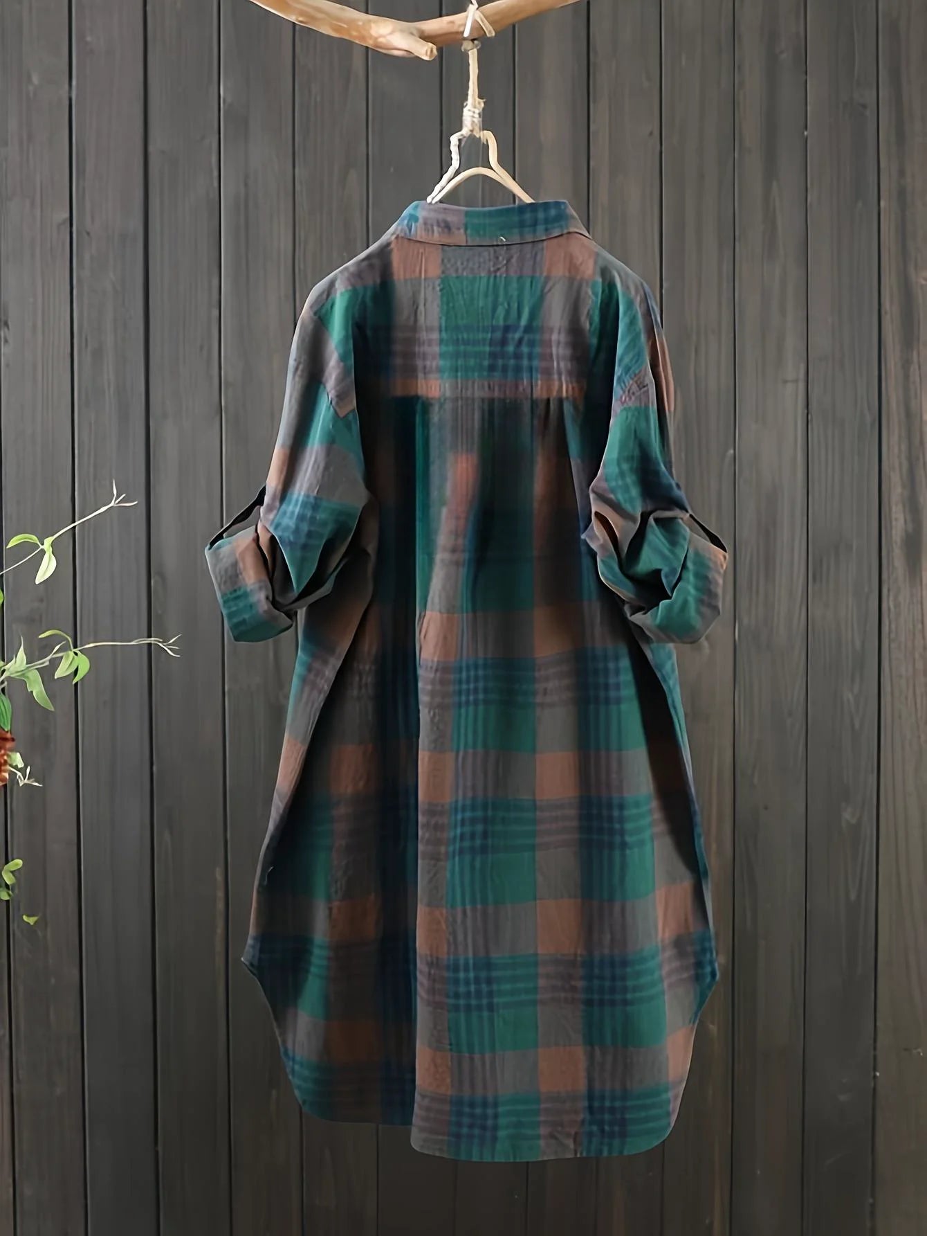 Blusa informal de manga larga holgada con cuello vuelto retro para mujer, camisa a cuadros de talla grande para primavera y verano, de largo medio