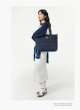 LEE Unisex Utility Canvas Leather Zipper Tote Bag Casual Denim Daily Shopping Handbag Women Men Durable Student School Book Bag