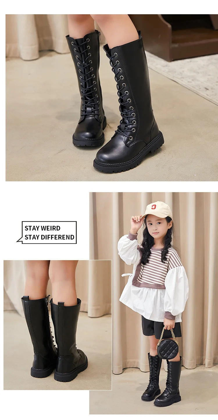 Girls Long Boots Children Knee-High Fashion Motorcycle Boots Rubber Soft Platform for Princess Kids High Boots Classic Winter