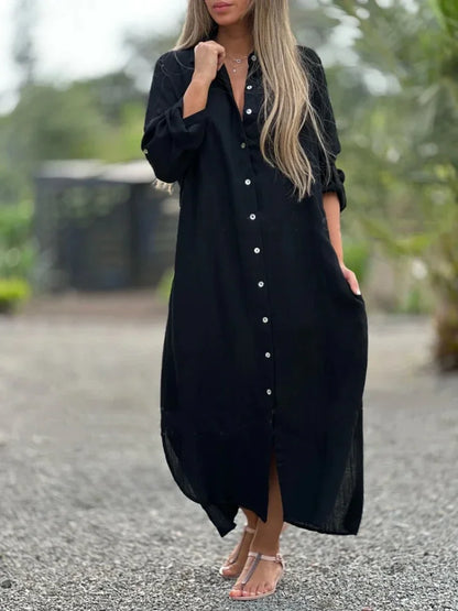 Vestido longo de algodão e cânhamo feminino, camisa elegante, manga longa casual, estilo praia, plus size, verão, novo