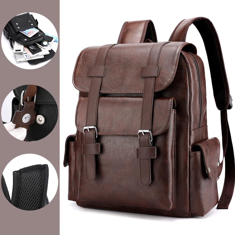 Mochila de piel sintética para hombre, mochila grande para portátil, mochila negra para adolescentes y niños, mochila marrón, 2023