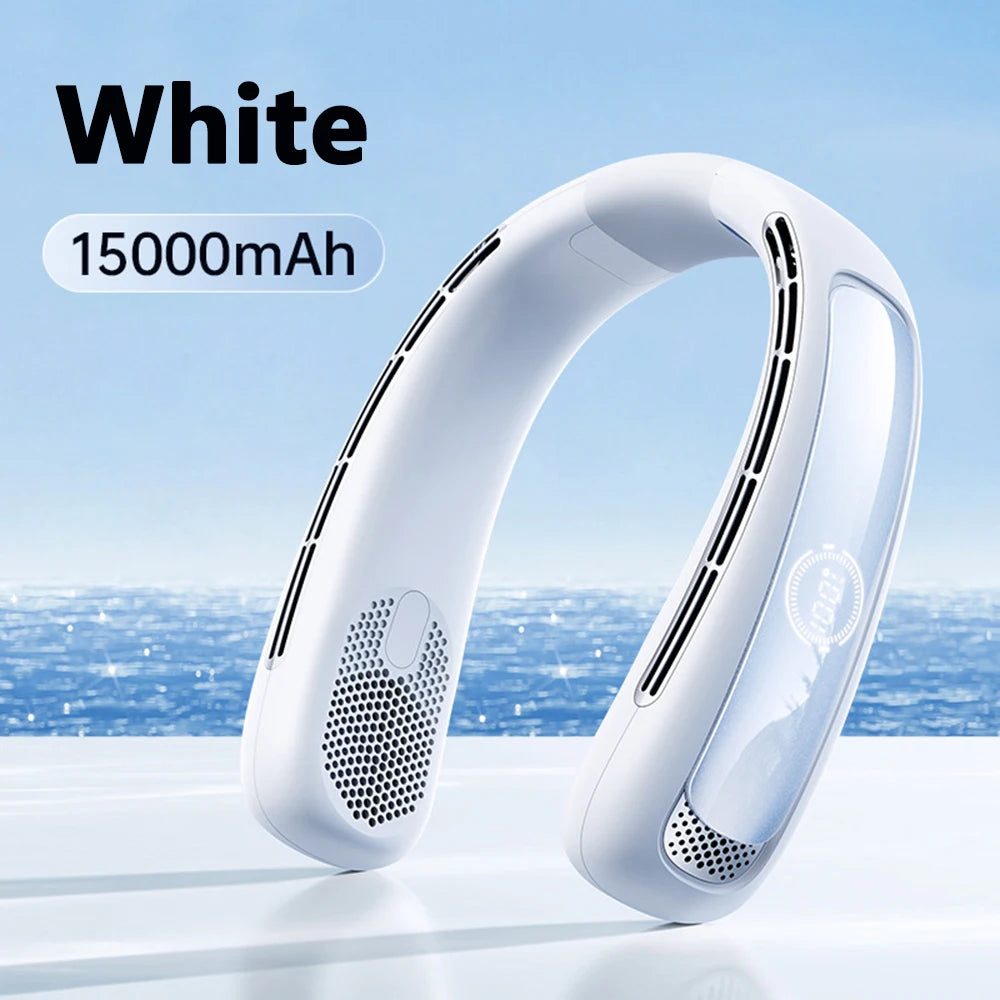 15000mah Portable Neck Fan Smart Digital Display USB Rechargeable Outdoors Bladeless Silent Cooling Neck Fan