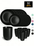 4/16/24pcs Reusable plastic tableware set, including plates, bowls and cups. Suitable for family picnics and school supplies