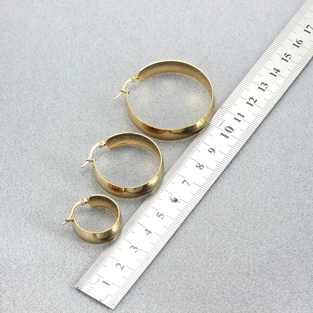 Stainless Steel Earrings for Women, Simple Plain Round Earrings, Gold Color, Wide Fashion Jewelry, Party Gift, 21mm, 31mm, 39mm Width