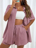 2 Pieces Women Sets Summer Solid Color Short Sleeve Open Stitch Button Blouse+Shorts Casual Women's Set Clothing