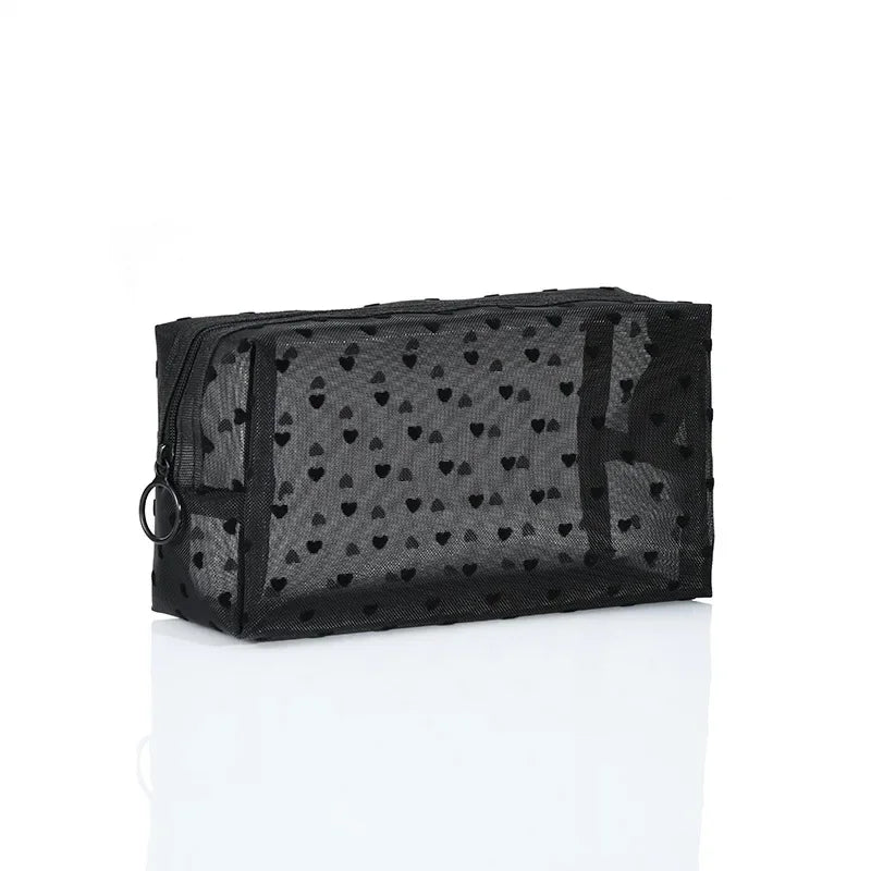 Heart-Shaped Nylon Mesh Cosmetic Bag Portable Toiletry Organizer for Women Makeup Storage