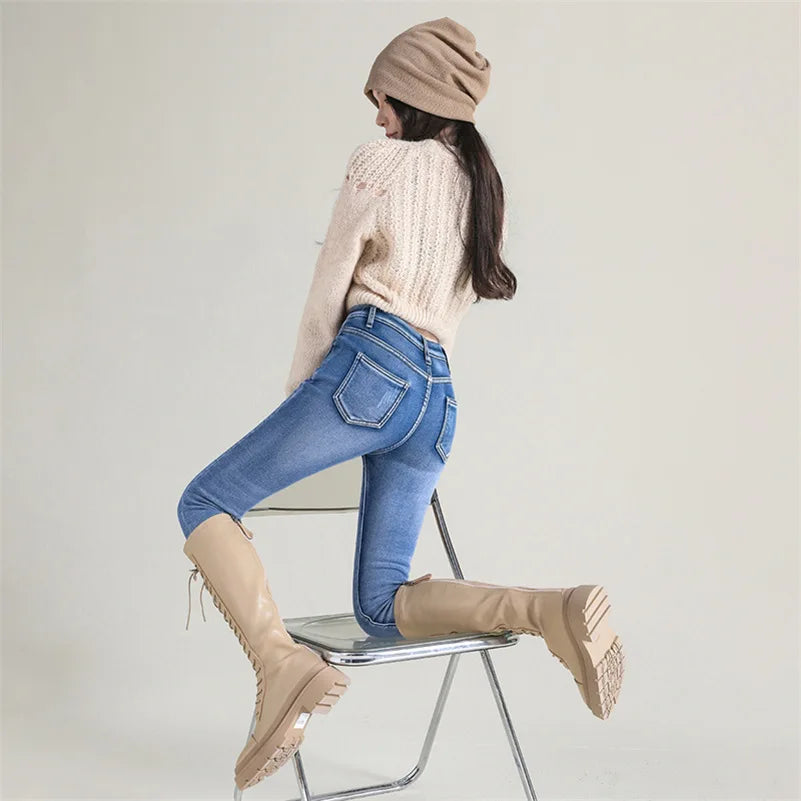 Women's Thermal Jeans Winter Snow Warm Plush Stretch Jeans Lady Skinny Thick Fleece Denim Long Pants Retro Blue Pencil Trousers