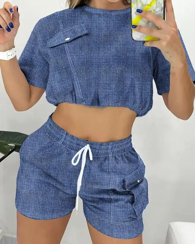 Two Piece Sets Womens Outifits 2023 Summer Fashion Denim Patch Round Neck Short Sleeve Top & Casual Drawstring Pocket Shorts Set
