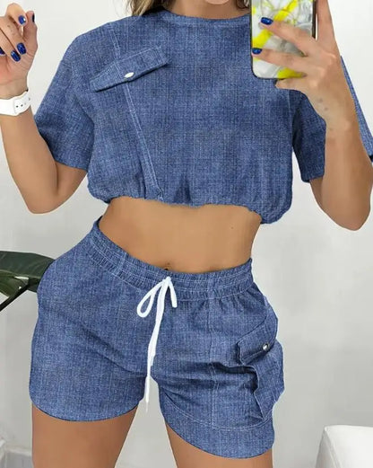 Two Piece Sets Womens Outifits 2023 Summer Fashion Denim Patch Round Neck Short Sleeve Top & Casual Drawstring Pocket Shorts Set