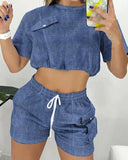 Two Piece Sets Womens Outifits 2023 Summer Fashion Denim Patch Round Neck Short Sleeve Top & Casual Drawstring Pocket Shorts Set