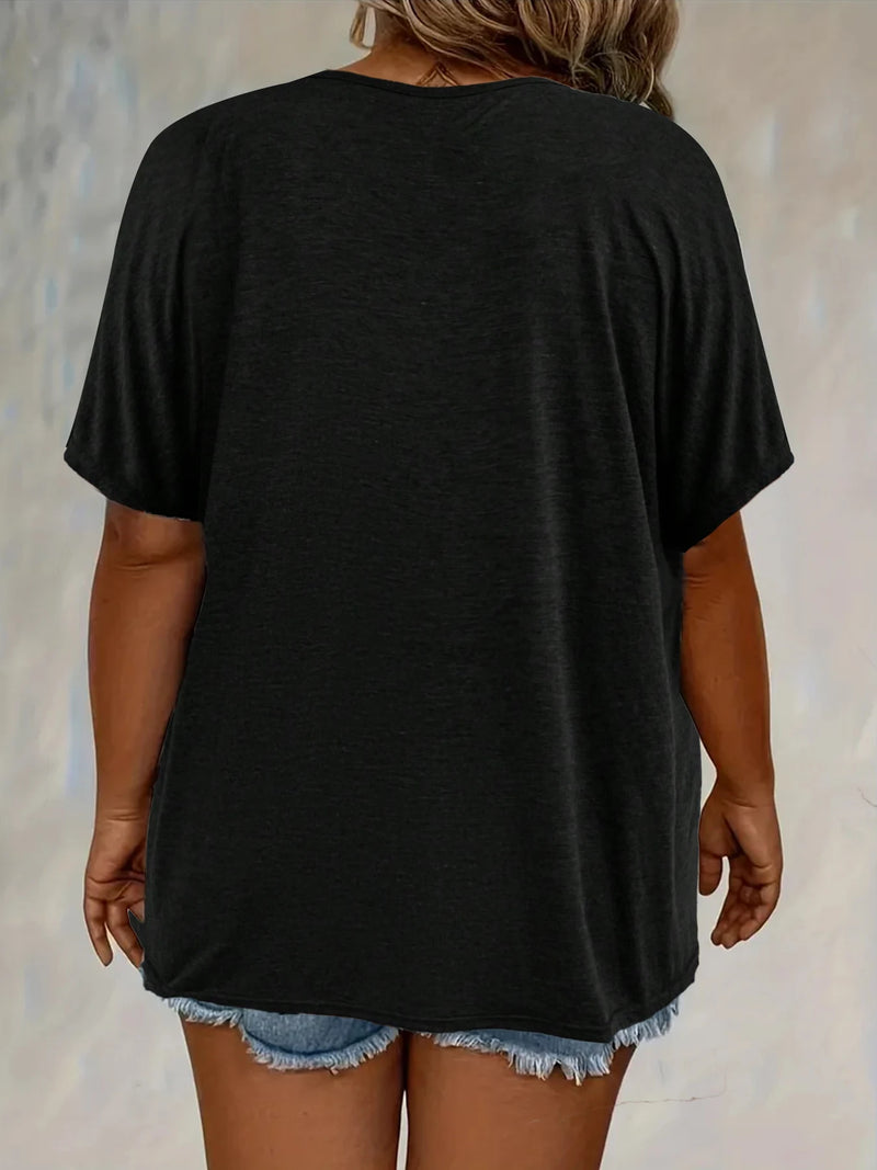 A new plous-size women's T-shirt with loose, perforated lace and solid V-neck short sleeves