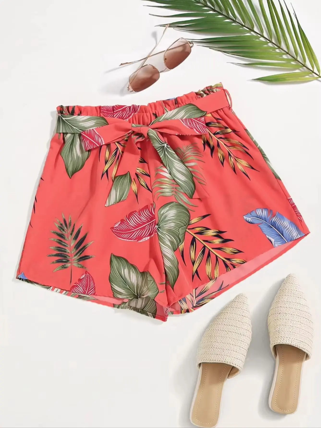 Women's Plus Size Tropical Leaf Print Paperbag Waist Shorts, Tie Belt Loose Wide Leg Chiffon Vacation Beach Casual Shorts