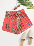 Women's Plus Size Tropical Leaf Print Paperbag Waist Shorts, Tie Belt Loose Wide Leg Chiffon Vacation Beach Casual Shorts