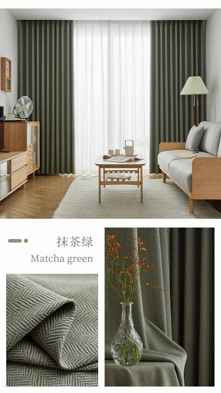 Herringbone Chenille Beige Thickened Blackout Curtains for Living Room Dining Room Bedroom Solid Color Luxury Curtains Custom
