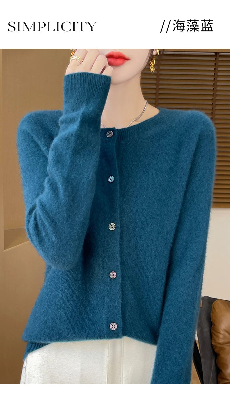 100% Merino Wool Long Sleeve Sweaters Cashmere Cardigan Spring Autumn Women O-Neck Knitwear Tops Clothing Fashion Basic Tops