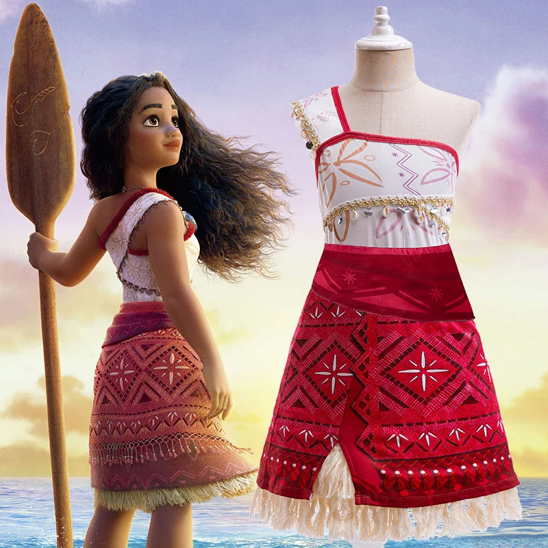 Conjunto de fantasia infantil para meninas: vestido de princesa Moana + colar (ideal para festas, Carnaval e cosplay, para idades de 3 a 10 anos)