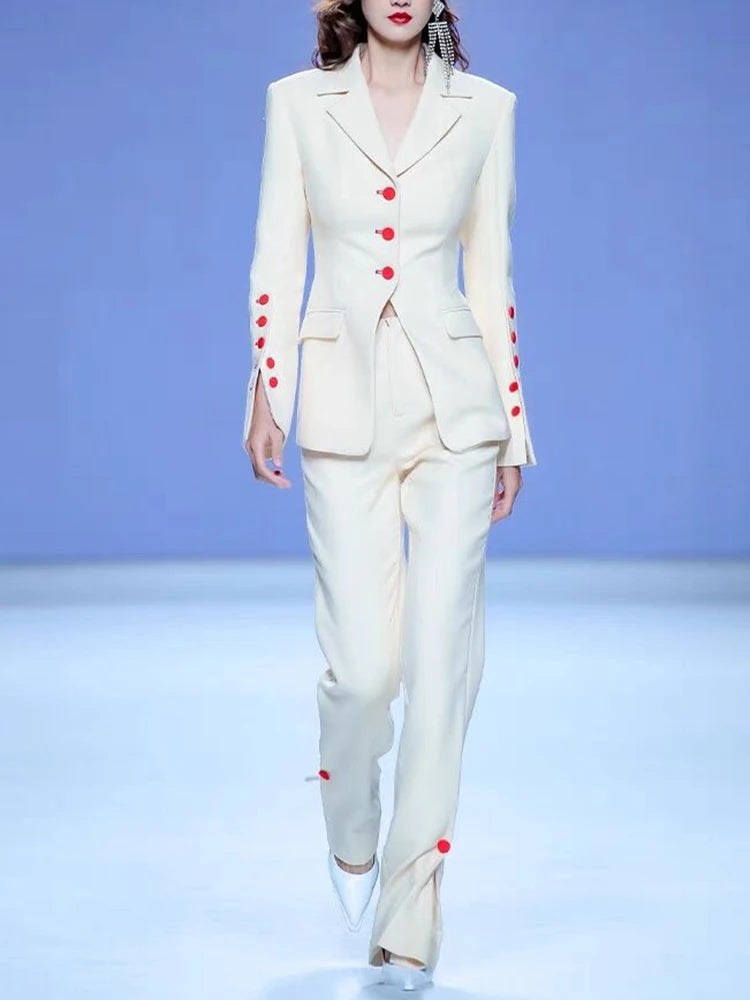 Conjunto de traje de pasarela de diseñador de moda de HIGH STREET 2024 para mujer, elegante blazer con botones de color y pantalones con abertura.