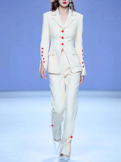 Conjunto de traje de pasarela de diseñador de moda de HIGH STREET 2024 para mujer, elegante blazer con botones de color y pantalones con abertura.