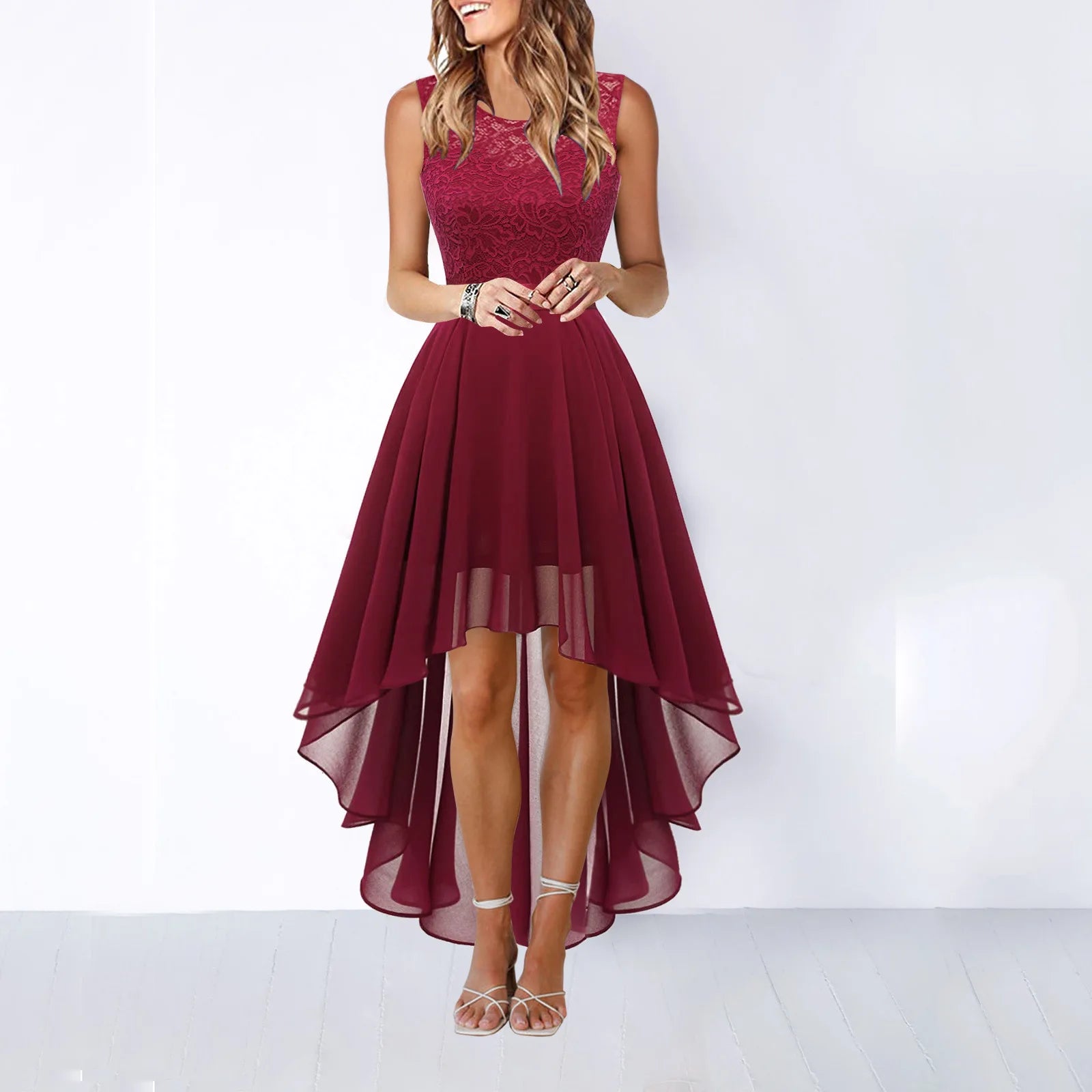Hollow-outch Chiffon Dress Dinner Lace Dress Women's Elegant Temperament British Style High-waisted Sleeveless Round-neck Dress