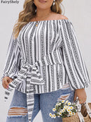 Fairyshely 2025 Spring Stripe Print Plus Size Top Women Long Sleeve Large Pullover T-shirt Lady Off Shoulder Casual Curvy Tops