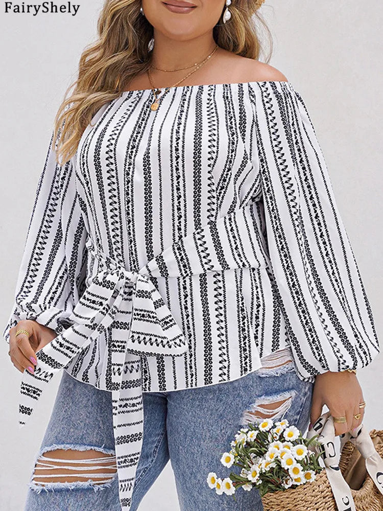 Fairyshely 2025 Spring Stripe Print Plus Size Top Women Long Sleeve Large Pullover T-shirt Lady Off Shoulder Casual Curvy Tops