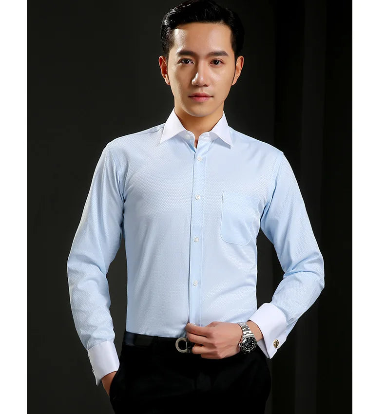 Camisa clásica de vestir para hombre con puños franceses, corte estándar, manga larga, para bodas, fiestas, oficina, trabajo, color blanco