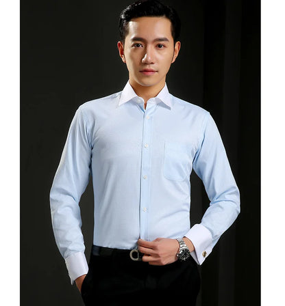 Camisa clásica de vestir para hombre con puños franceses, corte estándar, manga larga, para bodas, fiestas, oficina, trabajo, color blanco
