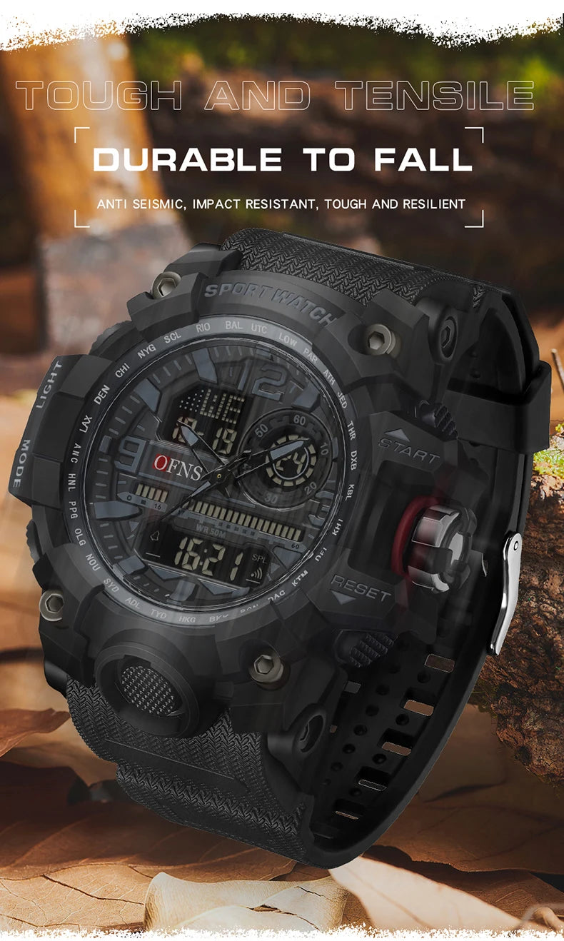 OFNS - Reloj de lujo estilo G para hombre, resistente al agua hasta 50 m, multifunción, deportivo, militar, de cuarzo, con LED digital
