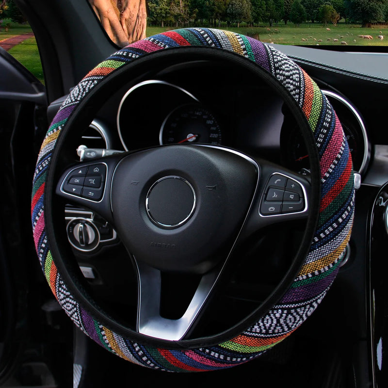 1 linen breathable fabric Bohemian style automotive supplies without inner ring steering wheel cover fits 14.5-15 inches
