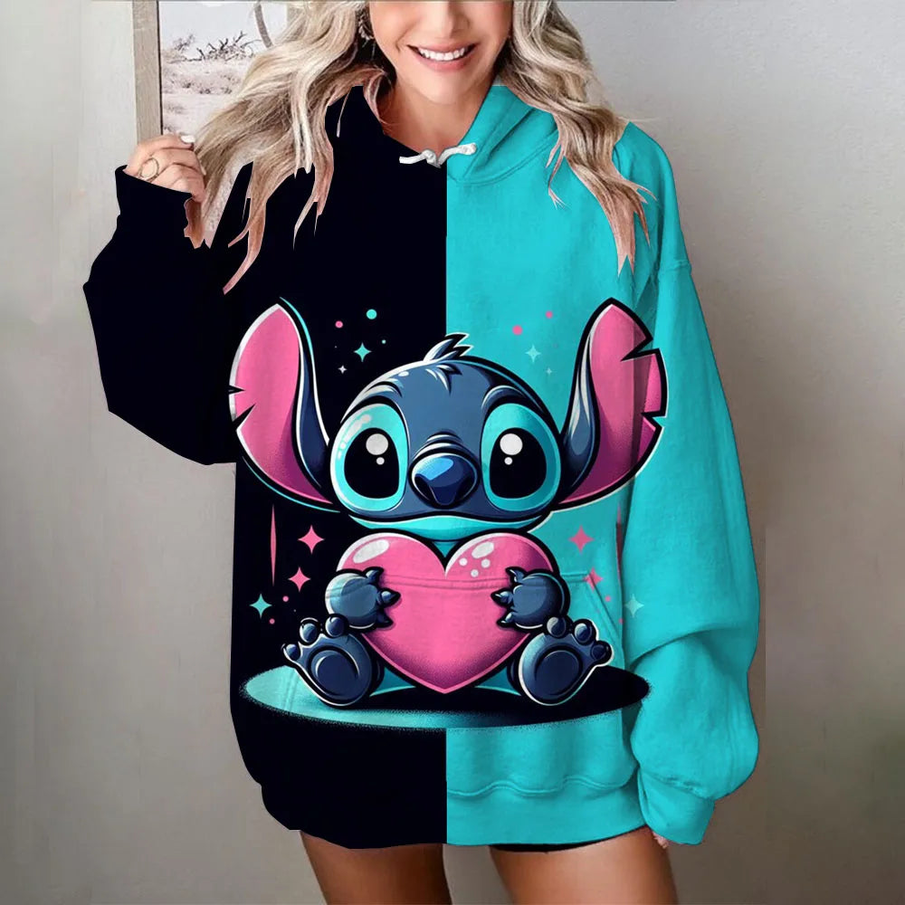Disney stitch impressão dos desenhos animados camisola com capuz jaqueta roupas com capuz design oversize sentimento solto e confortável