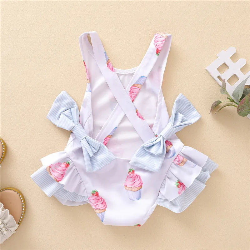 One Piece Girl Swimsuits 1 2 3 4 5 Year Baby Printed Swimwear Summer Beach Bathing Bikini Clothes Kids Bow Seaside Swimming Wear