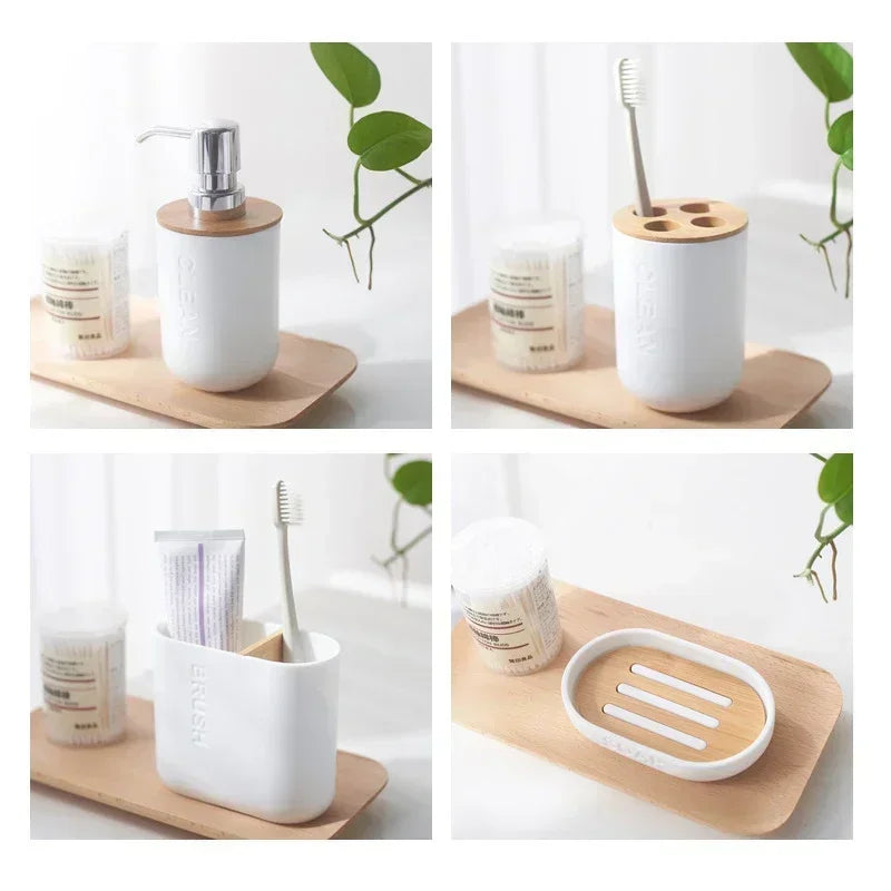 Bathroom Accessories Set Designer Soap Lotion Dispenser Toothbrush Holder Soap Dish Tumbler or Wood Bottle Cup Black/White/Gray